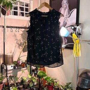 Gibson Look Floral Ruffle‎ Sleeveless Top Sheer Black Blouse Size Large